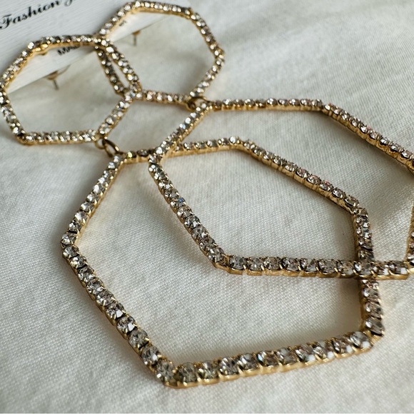 Pave Crystal Geometric Drop Earrings Gold Tone - Picture 4 of 13